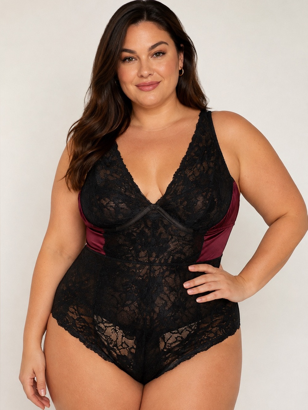 NWT 2XL TORRID Black Lace Bodysuit with Wine Satin Insets- AS IS